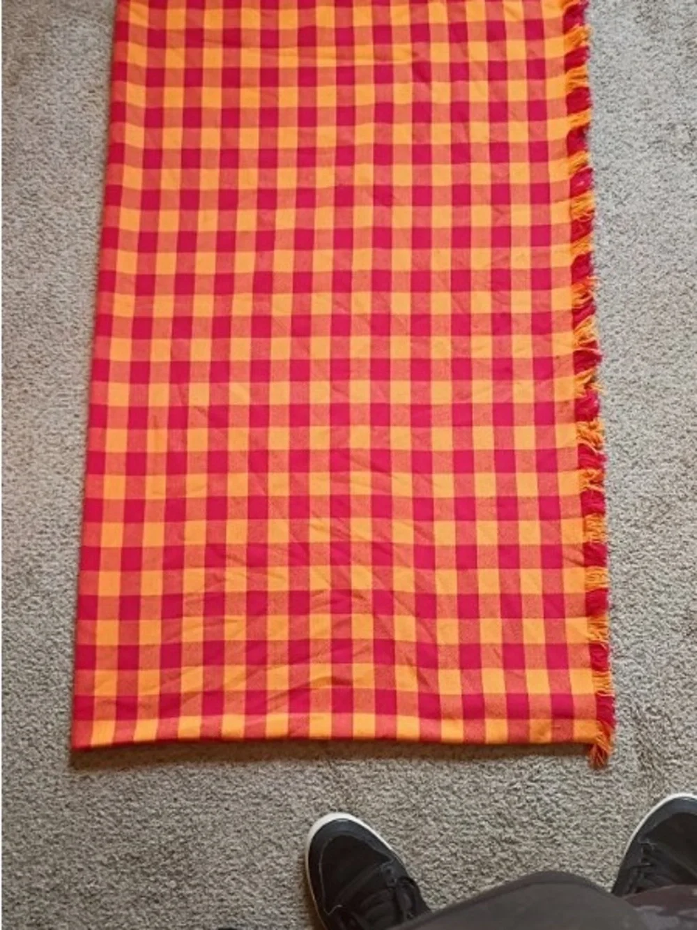 Vintage Red & Orange Checkered Fringed Fabric Tablecloth 92”x55”